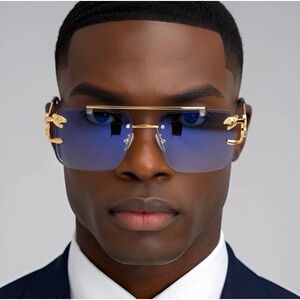 Gold Rimless Square Sunglasses‎ Men Hip Hop Gradient Lens Trendy Fashion Shades